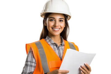 Confident Female Construction Worker - Safety Engineer Holding Clipboard on Transparent Background