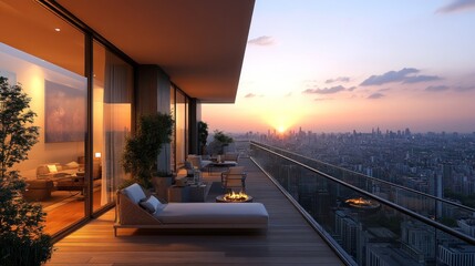 A modern luxurious balcony overlooks a vast cityscape at sunset