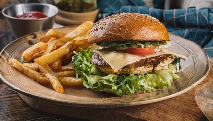Homemade cheeseburger with cheese and vegetables served with french fries and salad
. Generated image