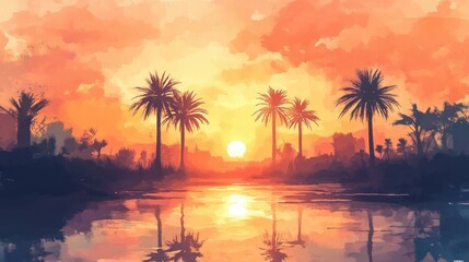 A stunning sunset illuminates palm trees by a tranquil body of water