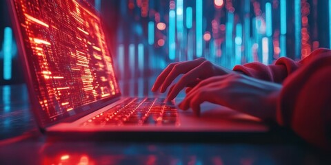 Person types on laptop with glowing keys surrounded by digital codes in a dark environment during nighttime hours
