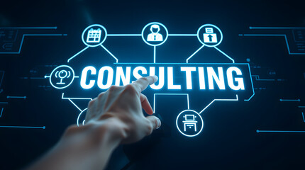 A hand interacts with a futuristic digital interface displaying the word "CONSULTING," surrounded by interconnected icons representing business strategy, finance, analytics, and professional services.