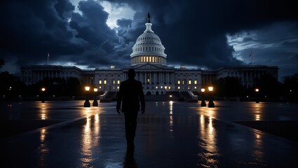 Fototapeta premium Mysterious Figure Walking Toward Capitol Building at Night