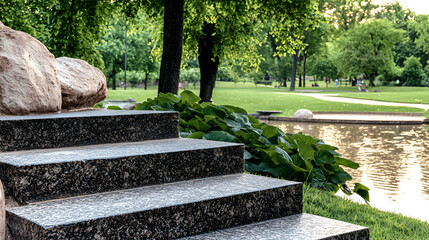 Stone Steps Leading Towards a Lakeside Park Landscape