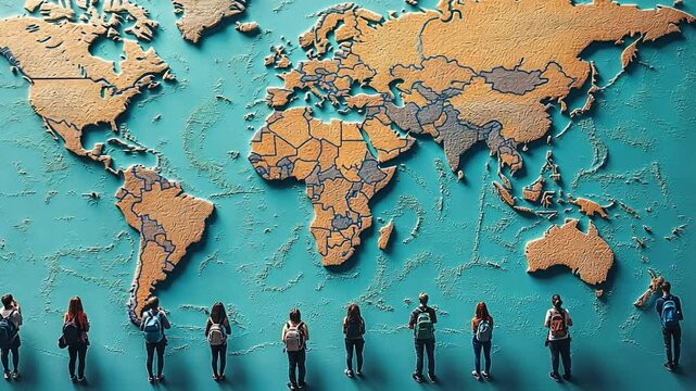 Global Exploration: A diverse group of individuals stands before a meticulously crafted map of the world, their postures reflecting curiosity and a thirst for knowledge.