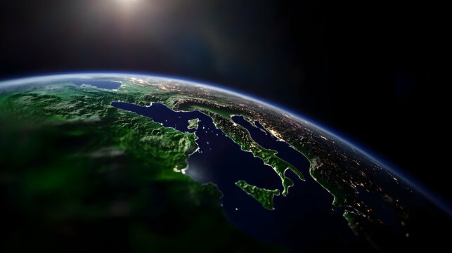 A digital rendering shows planet earth from space with lights