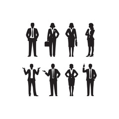 business people silhouettes,Professional Business People Silhouettes in Various Poses.A collection of black and white silhouette figures of business professionals, both men and women, in various poses