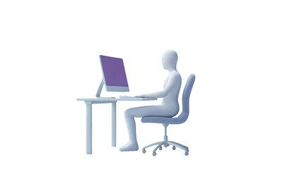 3D rendered minimalist office workspace with faceless white humanoid figure sitting at desk with laptop emitting purple screen glow, clean monochromatic design on white background