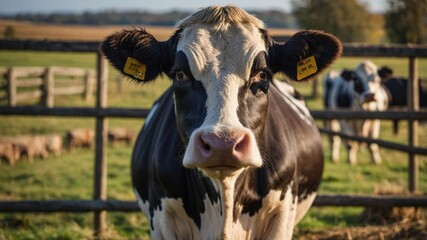 Close-up of a black and white dairy cow in a pasture with other cattle, focusing on its face and ears.