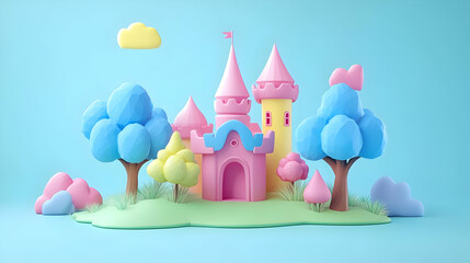 Pastel Pink Castle with Blue Trees in a Whimsical 3D Render