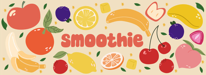 Illustration of a smoothie with various berries and fruits.