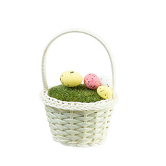 Basket with painted Easter eggs on white isolated background