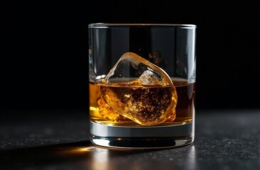Whiskey or brandy with ice in a glass glass on a dark background, copy space, low key photo