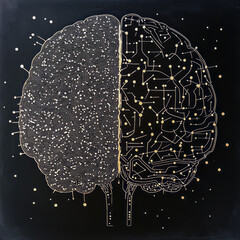 Detailed Brain Illustration with Network Lines and Golden Dots, Futuristic Neural Concept, Generative AI