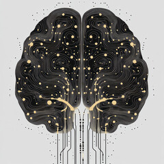 Detailed Brain Illustration with Network Lines and Golden Dots, Futuristic Neural Concept, Generative AI