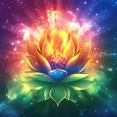 Vibrant Lotus Flower in Colorful Tones, Symbol of Peace and Spirituality, Generative AI