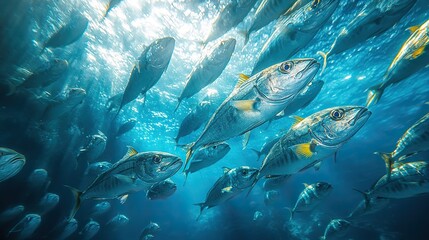 ocean scene with a school of fish swimming in formation