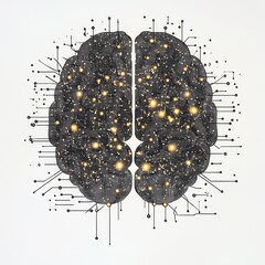 Detailed Brain Illustration with Network Lines and Golden Dots, Futuristic Neural Concept, Generative AI