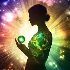 Spiritual Aura Mystical Figure Holding a Glowing Green Crystal Ball, Healing Chakra, Generative AI
