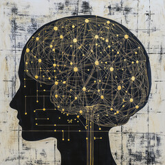 Detailed Brain Illustration with Network Lines and Golden Dots, Futuristic Neural Concept, Generative AI