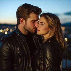 Stylish Loving Couple in a Leather Jacket and Elegant Dress Posing Fashionably, Generative AI