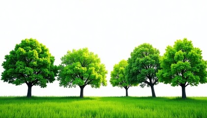 Fototapeta premium Lush green trees line up against a bright white sky , backdrop, alignment