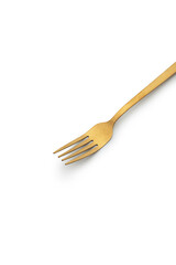 Set of golden metal cutlery on white background