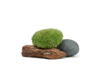 Fototapeta premium Natural moss, stone and tree bark on white isolated background