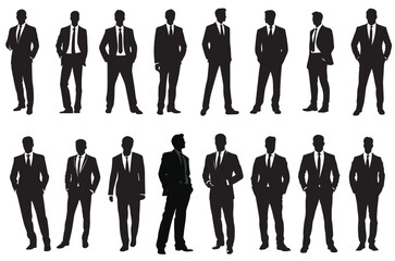 A collection of professional businessman silhouettes in different poses, perfect for corporate branding, marketing materials, and business-related designs.
