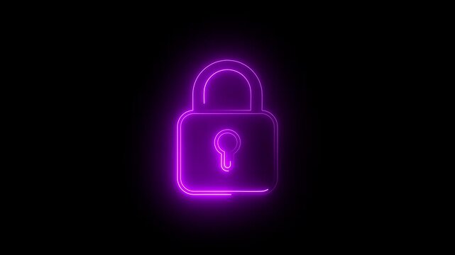 Glowing neon blue color lock animation icon, padlock shield animated icon protective shield lock guard barrier icon, Technical lock icon for device screen, apps or online security for hacking.