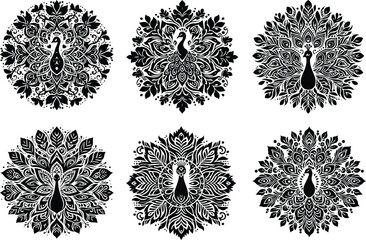 A collection of six detailed black and white peacock mandala illustrations featuring ornate, symmetrical floral and geometric patterns in a decorative style.
