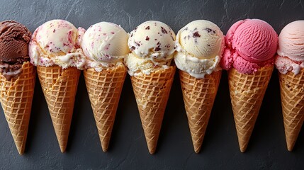 photorealistic image of ice cream cones with scoops of assorted flavors