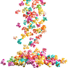 Rainbow Popcorn Isolated On White, Falling. Sweet And Colorful Treat For Celebrations. 