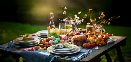 Fototapeta premium Easter picnic table background