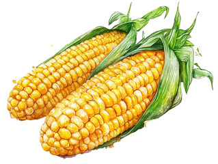 High Definition Watercolor Illustration of Fresh Corn Ears with Bright Colors and Detailed Texture in 2D Style