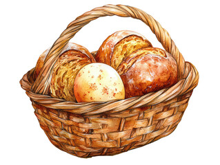 Charming Watercolor Illustration of a Basket Filled with Freshly Baked Bread Rolls and a Single Egg