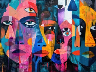 Vibrant abstract faces in modern art urban gallery colorful expressionism