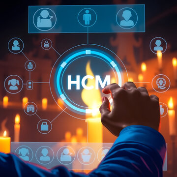 A person in a dark setting interacts with a glowing HCM (Human Capital Management) digital interface, symbolizing workforce automation, cloud-based HR solutions, and business innovation.