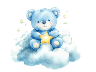 Dreamy Blue Bear Sitting on Clouds with Star in Hand - Whimsical Watercolor Illustration for Kids