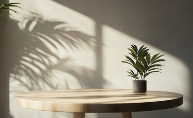 Sunlight Illuminates Wooden Tabletop with Tropical Plant Minimalist Home Decor