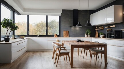 Fototapeta premium Modern Kitchen Design with Wooden Table and Large Windows