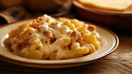 Comforting Swiss dish of alplermagronen served with applesauce in a cozy alpine cabin setting