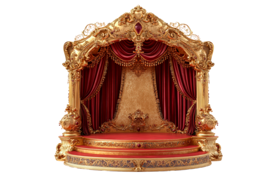A gold and red stage with a red curtain isolated on transparent background