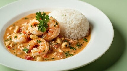 Delicious vatap showcasing shrimp stew with coconut milk and rice on a white plate against a soft green backdrop