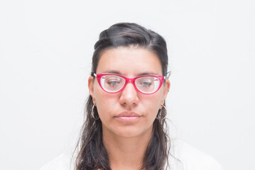 Fototapeta premium Portrait of Woman Wearing Pink Glasses Neutral Expression