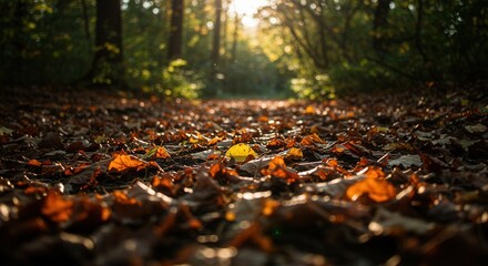 Obraz premium Walking in Autumn Forest with Fallen Leaves and Golden Sunlight