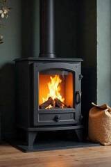 Sleek black stove with visible flames, pellet bag nearby , autumn, modern, rustic