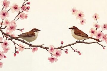 Delicate Birds on Blooming Cherry Trees