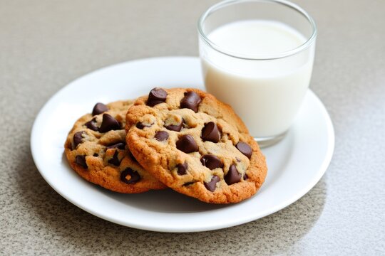 Freshly baked chocolate chip cookies with milk