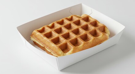 Delicious Golden Waffle in White Tray - A freshly baked, golden-brown waffle sits in a pristine white tray, ready to be enjoyed